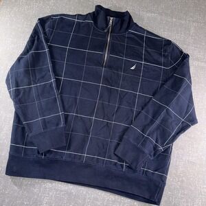 Nautica Sweatshirt Mens XL Blue 1/4 Zip Mock Neck Windowpane Fleece Pullover